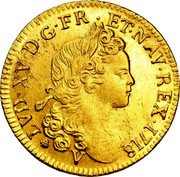 France Louis D'or Louis XV 1718 V KM# 438.17 LVD XV D G FR ET NAV REX 1718 coin obverse France Louis D'or Louis XV 1718 V KM# 438.17 LVD XV D G FR ET NAV REX 1718 coin obverse