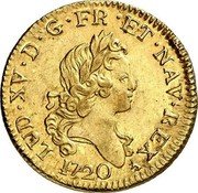France Louis D'or Louis XV 1720 A KM# 461.1 LUD XV D G FR ET NAV REX 1721 coin obverse France Louis D'or Louis XV 1720 A KM# 461.1 LUD XV D G FR ET NAV REX 1721 coin obverse