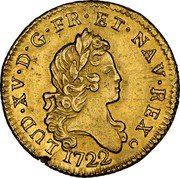 France Louis D'or Louis XV 1722 E KM# 461.7 LUD XV D G FR ET NAV REX 1722 coin obverse France Louis D'or Louis XV 1722 E KM# 461.7 LUD XV D G FR ET NAV REX 1722 coin obverse