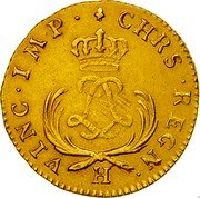 France Louis D'or Louis XV 1723 H KM# 468.7 CHRS REGN VINC IMP H coin reverse France Louis D'or Louis XV 1723 H KM# 468.7 CHRS REGN VINC IMP H coin reverse