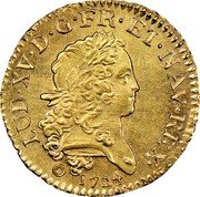 France Louis D'or Louis XV 1724 K KM# 470.10 LUD XV D G FR ET NAV REX 1724 coin obverse France Louis D'or Louis XV 1724 K KM# 470.10 LUD XV D G FR ET NAV REX 1724 coin obverse