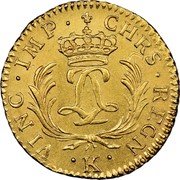 France Louis D'or Louis XV 1724 K KM# 470.10 CHRS REGN VINC IMP K coin reverse France Louis D'or Louis XV 1724 K KM# 470.10 CHRS REGN VINC IMP K coin reverse