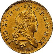 France Louis D'or Louis XV 1724 L KM# 470.11 LUD XV D G FR ET NAV REX 1724 coin obverse France Louis D'or Louis XV 1724 L KM# 470.11 LUD XV D G FR ET NAV REX 1724 coin obverse
