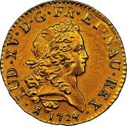 France Louis D'or Louis XV 1724 M KM# 470.12 LUD XV D G FR ET NAU REX 1724 coin obverse