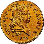 France Louis D'or Louis XV 1724 N KM# 470.13 LUD XV D G FR ET NAV REX 1724 coin obverse France Louis D'or Louis XV 1724 N KM# 470.13 LUD XV D G FR ET NAV REX 1724 coin obverse