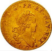 France Louis D'or Louis XV 1723 S KM# 461.14 LUD XV D G FR ET NAV REX 1722 coin obverse France Louis D'or Louis XV 1723 S KM# 461.14 LUD XV D G FR ET NAV REX 1722 coin obverse