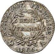France 1/2 Franc Napoleon I 1806 A KM# 671.1 RÉPUBLIQUE FRANÇAISE DEMI FRANC. 1806. A coin reverse France 1/2 Franc Napoleon I 1806 A KM# 671.1 RÉPUBLIQUE FRANÇAISE DEMI FRANC. 1806. A coin reverse