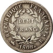 France 1/2 Franc Napoleon I 1808 B KM# 680.2 REPUBLIQUE FRANÇAISE DEMI FRANC 1808 B coin reverse France 1/2 Franc Napoleon I 1808 B KM# 680.2 REPUBLIQUE FRANÇAISE DEMI FRANC 1808 B coin reverse