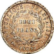 France 1/2 Franc Napoleon I 1808 BB KM# 680.3 REPUBLIQUE FRANÇAISE. DEMI FRANC. 1808. BB coin reverse