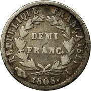 France 1/2 Franc Napoleon I 1808 I KM# 680.6 REPUBLIQUE FRANÇAISE DEMI FRANC 1808 I coin reverse France 1/2 Franc Napoleon I 1808 I KM# 680.6 REPUBLIQUE FRANÇAISE DEMI FRANC 1808 I coin reverse