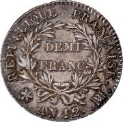 France 1/2 Franc Napoleon I AN12 MA KM# 648.10 DEMI FRANC REPUBLIQUE FRANÇAISE AN 12 MA coin reverse France 1/2 Franc Napoleon I AN12 MA KM# 648.10 DEMI FRANC REPUBLIQUE FRANÇAISE AN 12 MA coin reverse