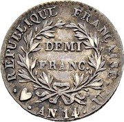 France 1/2 Franc Napoleon I AN14 U KM# 655.13 REPUBLIQUE FRANÇAISE DEMI FRANC AN14 U coin reverse France 1/2 Franc Napoleon I AN14 U KM# 655.13 REPUBLIQUE FRANÇAISE DEMI FRANC AN14 U coin reverse