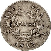 France 1/4 Franc Napoleon I AN12 (1803-04) L KM# 653.5 QUART REP FRA AN 12 L coin reverse France 1/4 Franc Napoleon I AN12 (1803-04) L KM# 653.5 QUART REP FRA AN 12 L coin reverse