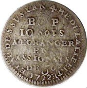 France 10 Sols Revolution. Lefevre, Lesage et Comp 1792 KM# Tn18 B. P 10 SOLS A ECHANGER EN ASSIGNATS DE 50 ET AU DESSUS L'AN 4ME DE LA LIBERTE 1792 coin reverse