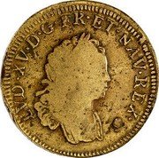 France 12 Deniers (Sol) Louis XV 1717 Q Heritage ANA sale 8-90, F-15 realized $29,000 KM# 4 LVD XV D G FR ET NAV REX coin obverse France 12 Deniers (Sol) Louis XV 1717 Q Heritage ANA sale 8-90, F-15 realized $29,000 KM# 4 LVD XV D G FR ET NAV REX coin obverse