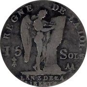 France 15 Sols (1/8 ECU) Louis XVI 1791 AA KM# 605.1 REGNE DE LA LOI 15 SOLS. AA L'AN 3 DE LA LIBERTE coin reverse