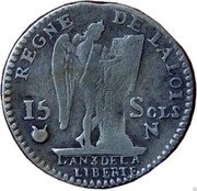 France 15 Sols Louis XVI 1791 N KM# 604.10 15 SOLS N L'AN 3 DE LA LIBERTE REGNE DE LA LOI coin reverse