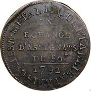 France 18 Deniers Revolution Coinage 1792 KM# Tn4 EN ECHANGE D’ASSIGNATS DE 50 1792 CAISSE METALLIQUE ETABLIE A PARIS 1792 coin reverse France 18 Deniers Revolution Coinage 1792 KM# Tn4 EN ECHANGE D’ASSIGNATS DE 50 1792 CAISSE METALLIQUE ETABLIE A PARIS 1792 coin reverse