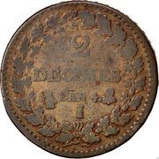 France 2 Decimes Napoleon I LAN 4 (1795-96) I KM# 638.3 2 DÉCIMES L'AN 4 I coin reverse France 2 Decimes Napoleon I LAN 4 (1795-96) I KM# 638.3 2 DÉCIMES L'AN 4 I coin reverse