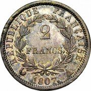 France 2 Francs Napoleon I 1807 A KM# 683 RÉPUBLIQUE FRANCAISE. 2 FRANCS. 1807. I coin reverse