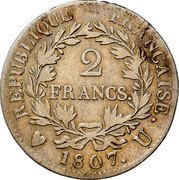 France 2 Francs Napoleon I 1807 U KM# 658.14 2 FRANCS EMPIRE FRANÇAISE 1807 U coin reverse France 2 Francs Napoleon I 1807 U KM# 658.14 2 FRANCS EMPIRE FRANÇAISE 1807 U coin reverse