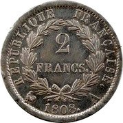 France 2 Francs Napoleon I 1808 A KM# 684.1 RÉPUBLIQUE FRANÇAISE. 2 FRANCS. 1807. A coin reverse