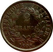France 2 Francs Napoleon I 1808 B KM# 684.2 REPUBLIQUE FRANÇAISE. 2 FRANCS. 1808. B coin reverse