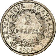 France 2 Francs Napoleon I 1808 I KM# 684.3 REPUBLIQUE FRANÇAISE. 2 FRANCS. 1808. I coin reverse