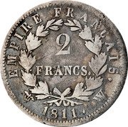 France 2 Francs Napoleon I 1811 W KM# 693.15 EMPIRE FRANÇAIS 2 FRANCS 1811 W coin reverse France 2 Francs Napoleon I 1811 W KM# 693.15 EMPIRE FRANÇAIS 2 FRANCS 1811 W coin reverse