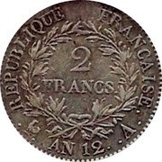 France 2 Francs Napoleon I AN12 A KM# 657.1 2 FRANCS REPUBLIQUE FRANÇAISE AN12 A coin reverse France 2 Francs Napoleon I AN12 A KM# 657.1 2 FRANCS REPUBLIQUE FRANÇAISE AN12 A coin reverse
