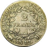 France 2 Francs Napoleon I AN12 M KM# 658.10 2 FRANCS REPUBLIQUE FRANÇAISE AN12 M coin reverse France 2 Francs Napoleon I AN12 M KM# 658.10 2 FRANCS REPUBLIQUE FRANÇAISE AN12 M coin reverse