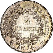 France 2 Francs Napoleon I AN14 A KM# 658.1 RÉPUBLIQUE FRANÇAISE. 2 FRANCS. AN 13 A coin reverse France 2 Francs Napoleon I AN14 A KM# 658.1 RÉPUBLIQUE FRANÇAISE. 2 FRANCS. AN 13 A coin reverse