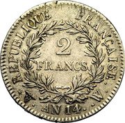 France 2 Francs Napoleon I AN14 W KM# 658.15 2 FRANCS EMPIRE FRANÇAISE AN14 W coin reverse France 2 Francs Napoleon I AN14 W KM# 658.15 2 FRANCS EMPIRE FRANÇAISE AN14 W coin reverse