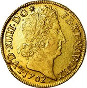 France 2 Louis D'or Louis XIV 1702 L KM# 335.9 LVD XIIII D G FR ET NAV REX 1702 coin obverse France 2 Louis D'or Louis XIV 1702 L KM# 335.9 LVD XIIII D G FR ET NAV REX 1702 coin obverse