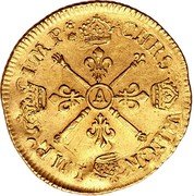 France 2 Louis D'or Louis XIV 1704 A KM# 368.1 CHRS. REGN. VINC. IMP. A coin reverse France 2 Louis D'or Louis XIV 1704 A KM# 368.1 CHRS. REGN. VINC. IMP. A coin reverse
