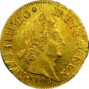France 2 Louis D'or Louis XIV 1706 H KM# 368.7 LVD XIIII D G FR ET NAV REX 1706 coin obverse France 2 Louis D'or Louis XIV 1706 H KM# 368.7 LVD XIIII D G FR ET NAV REX 1706 coin obverse