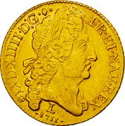 France 2 Louis D'or Louis XIV 1711 L KM# 405.8 LVD. XIIII. D. G. FR. ET NAV. REX 1711 L coin obverse France 2 Louis D'or Louis XIV 1711 L KM# 405.8 LVD. XIIII. D. G. FR. ET NAV. REX 1711 L coin obverse