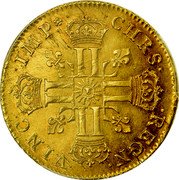 France 2 Louis D'or Louis XIV 1712 KM# 405.1 CHRS REGN VINC IMP coin reverse France 2 Louis D'or Louis XIV 1712 KM# 405.1 CHRS REGN VINC IMP coin reverse