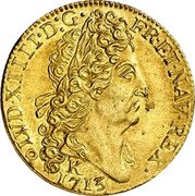 France 2 Louis D'or Louis XIV 1713 K KM# 405.7 LVD XIIII D G FR ET NAV REX K 1713 coin obverse France 2 Louis D'or Louis XIV 1713 K KM# 405.7 LVD XIIII D G FR ET NAV REX K 1713 coin obverse