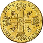 France 2 Louis D'or Louis XIV 1713 K KM# 405.7 CHRS REGN VINC IMP coin reverse France 2 Louis D'or Louis XIV 1713 K KM# 405.7 CHRS REGN VINC IMP coin reverse