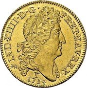 France 2 Louis D'or Louis XIV 1714 T KM# 405.15 LVD. XIIII. D. G. FR. ET NAV. REX 1714 T coin obverse France 2 Louis D'or Louis XIV 1714 T KM# 405.15 LVD. XIIII. D. G. FR. ET NAV. REX 1714 T coin obverse