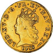 France 2 Louis D'or Louis XV 1718 W KM# 428.6 LUD. XV. D. G. FR. ET NAV. REX 1718 coin obverse France 2 Louis D'or Louis XV 1718 W KM# 428.6 LUD. XV. D. G. FR. ET NAV. REX 1718 coin obverse