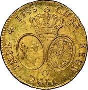 France 2 Louis D'or Louis XV 1743 O KM# 519.13 O CHRS REGN VINC IMPE 1743 coin reverse France 2 Louis D'or Louis XV 1743 O KM# 519.13 O CHRS REGN VINC IMPE 1743 coin reverse