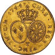 France 2 Louis D'or Louis XV 1744 T KM# 519.16 T CHRS REGN VINC IMPE 1744 coin reverse France 2 Louis D'or Louis XV 1744 T KM# 519.16 T CHRS REGN VINC IMPE 1744 coin reverse