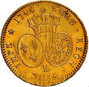 France 2 Louis D'or Louis XV 1745 L KM# 519.10 L CHRS REGN VINC IMPE 1745 coin reverse France 2 Louis D'or Louis XV 1745 L KM# 519.10 L CHRS REGN VINC IMPE 1745 coin reverse