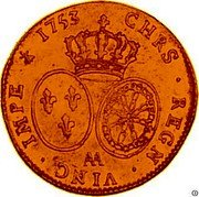 France 2 Louis D'or Louis XV 1753 AA KM# 519.2 AA CHRS REGN VINC IMPE 1753 coin reverse France 2 Louis D'or Louis XV 1753 AA KM# 519.2 AA CHRS REGN VINC IMPE 1753 coin reverse