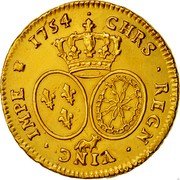 France 2 Louis D'or Louis XV 1754 Cow KM# 522 CHRS REGN VINC IMPER 1754 coin reverse France 2 Louis D'or Louis XV 1754 Cow KM# 522 CHRS REGN VINC IMPER 1754 coin reverse