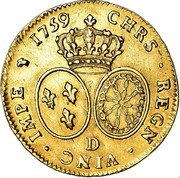 France 2 Louis D'or Louis XV 1759 D KM# 519.5 CHRS.REGN.VINC.IMPER.1759 D coin reverse France 2 Louis D'or Louis XV 1759 D KM# 519.5 CHRS.REGN.VINC.IMPER.1759 D coin reverse