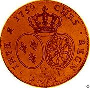 France 2 Louis D'or Louis XV 1759 H KM# 519.7 H CHRS REGN VINC IMPE 1759 coin reverse