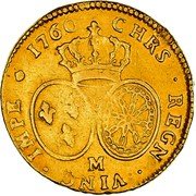 France 2 Louis D'or Louis XV 1760 M KM# 519.11 M CHRS REGN VINC IMPE 1760 coin reverse France 2 Louis D'or Louis XV 1760 M KM# 519.11 M CHRS REGN VINC IMPE 1760 coin reverse